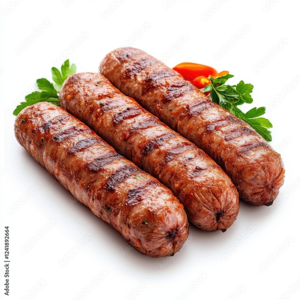 Grilled Sausages with Fresh Herbs and Peppers on a White Background for Culinary Use Grilled Sausages with Fresh Herbs and Peppers on a White Background for Culinary Use