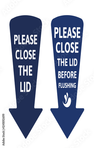 Please close the lid before flushing. Two isolated arrow signs.
