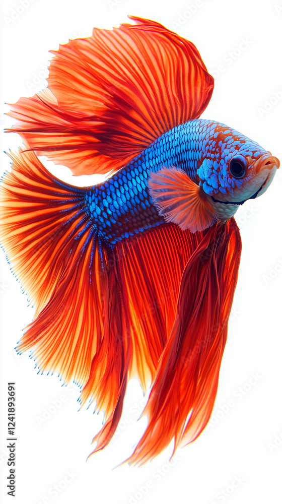 Fototapeta premium a betta fish with intricate, shimmering scales, gracefully swimming against a pure white background. Its unforgettable black and blue red hue contrasts beautifully with the soft, pearlescent glow of i