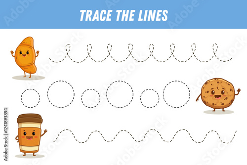  Tracing lines for kids. Cute cartoon sweets. Funny food characters. Cup of cofee, cookie, croissant. Handwriting practice. Educational game for preschool kids. Activity page. Vector