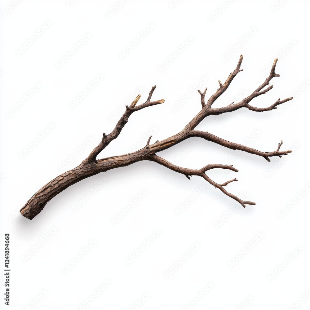Rustic Brown Tree Branch with Twigs and Natural Texture on White Background for Creative Projects Rustic Brown Tree Branch with Twigs and Natural Texture on White Background for Creative Projects