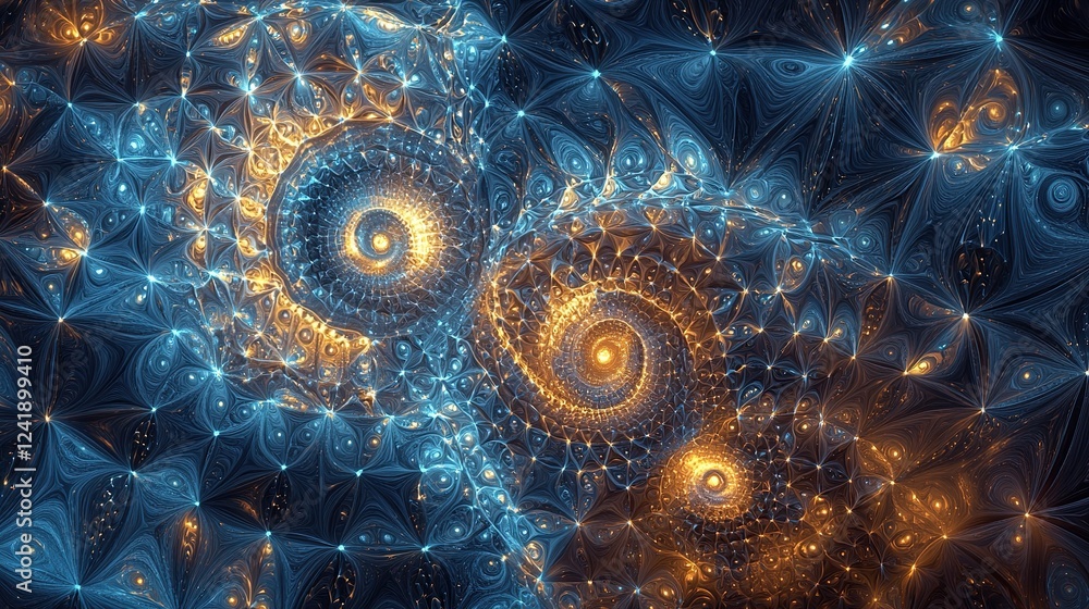 Swirling patterns of cosmic energy create a stunning fractal design in brilliant blue and orange hues Swirling patterns of cosmic energy create a stunning fractal design in brilliant blue and orange hues