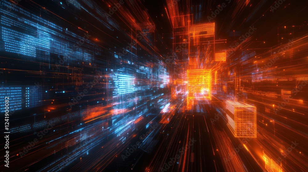 Fototapeta premium Data stream tunnel, digital code flow, futuristic tech background, website banner