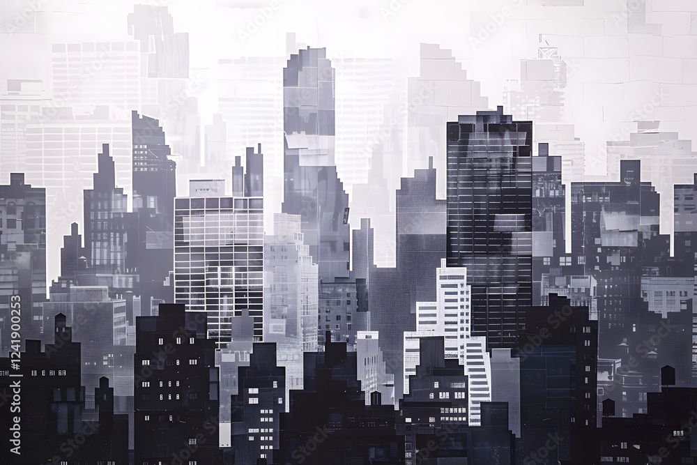Obraz premium Monochromatic Urban Skyline Stencil: Architectural Structures and Patterns in Cityscape Silhouettes