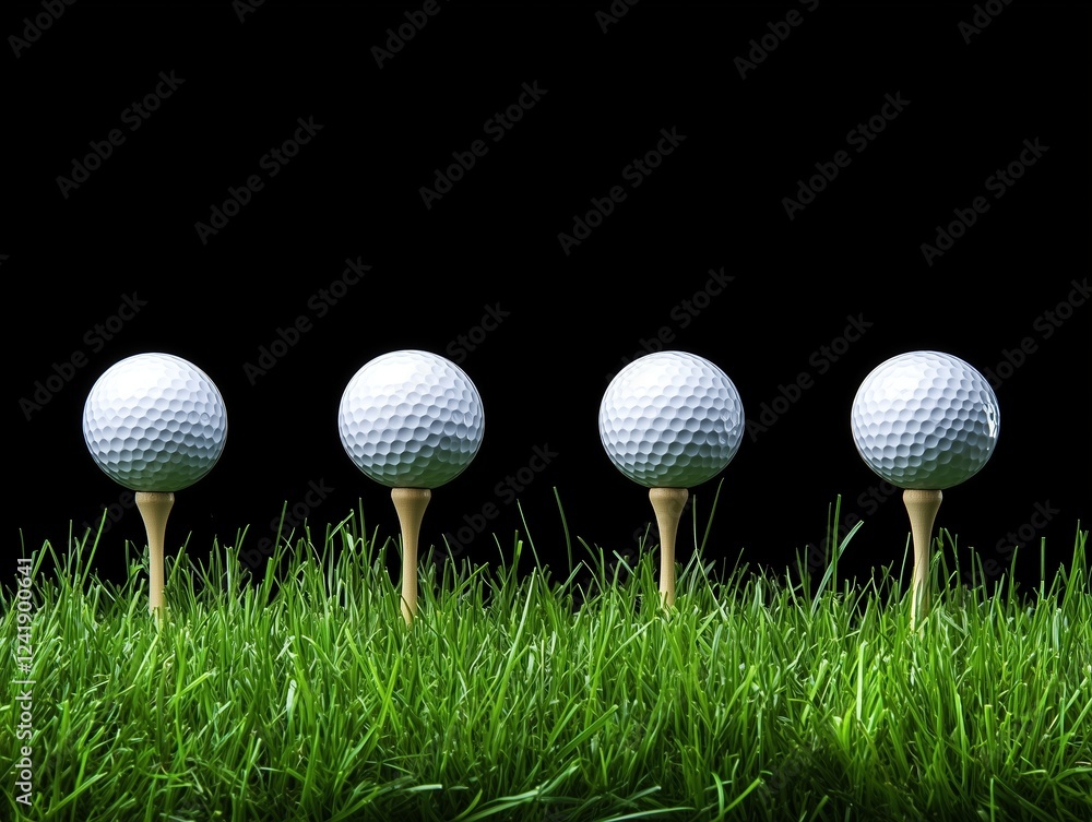 Four golf balls poised on tees in vibrant grass against a dark background Four golf balls poised on tees in vibrant grass against a dark background