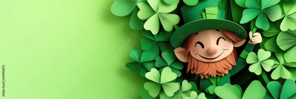 A smiling paper - cut leprechaun peeking out from behind a clover. Background in honor of St. Patrick's Day A smiling paper - cut leprechaun peeking out from behind a clover. Background in honor of St. Patrick's Day