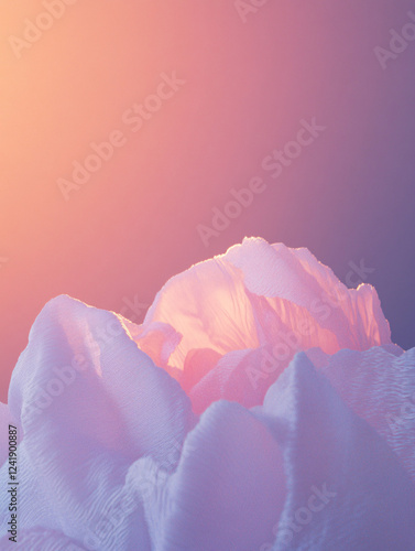 A breathtaking close-up of a translucent white peony, its petals flowing like delicate silk in a gentle breeze photo