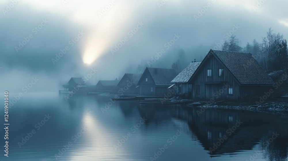 Fototapeta premium Lakefront cabin with wood exterior on a serene mountain lake, surrounded by coniferous trees 