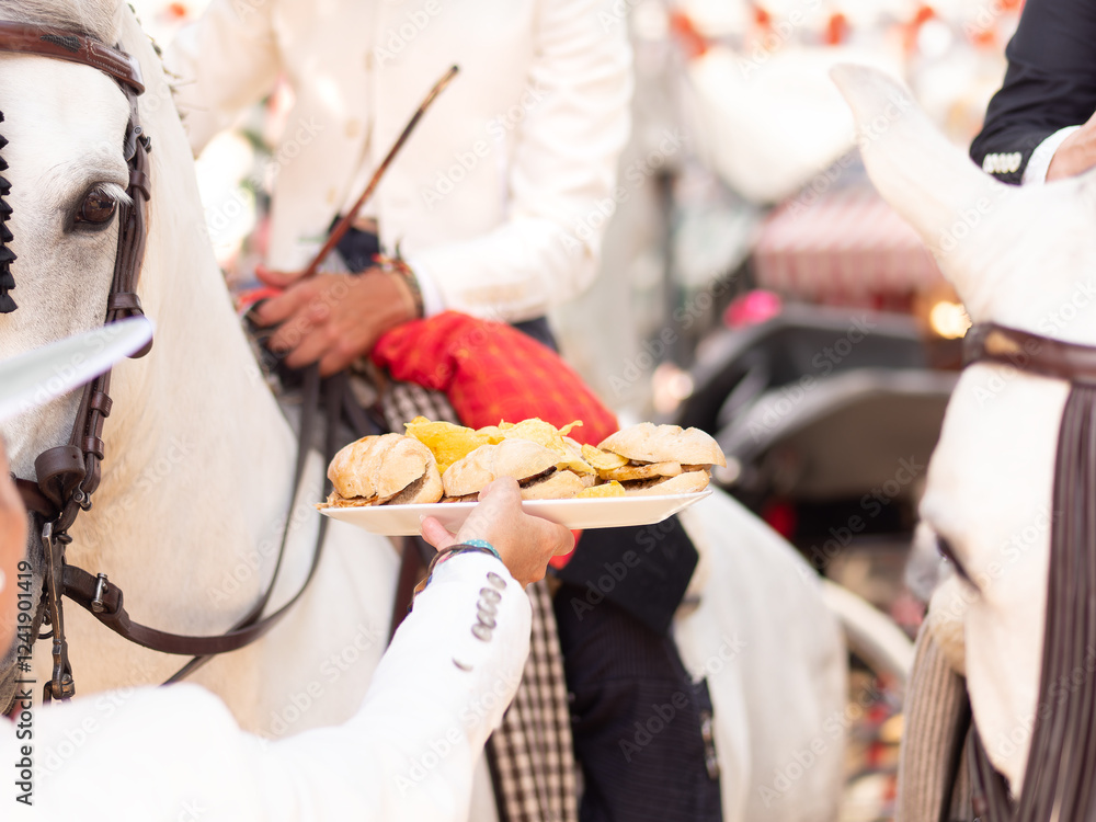 Fototapeta premium Riders on Horses Eating at Sevilla Fair