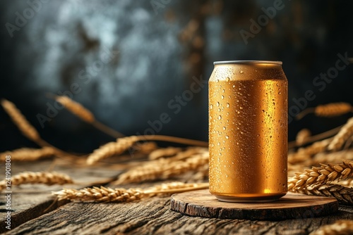 Golden beer can on wood, wheat background, cold drink