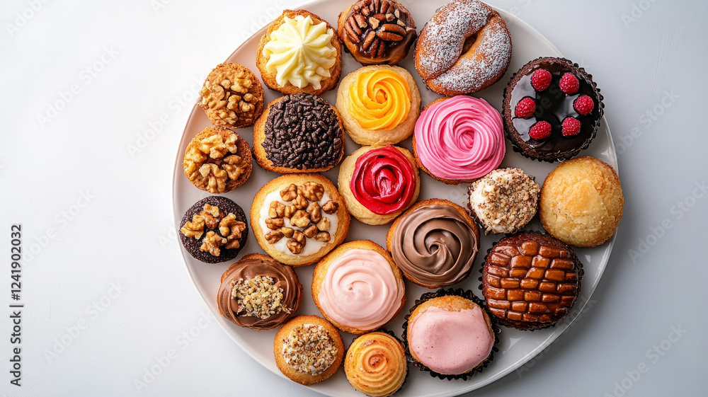 Assorted cupcakes with various toppings on a round plate. Assorted cupcakes with various toppings on a round plate.