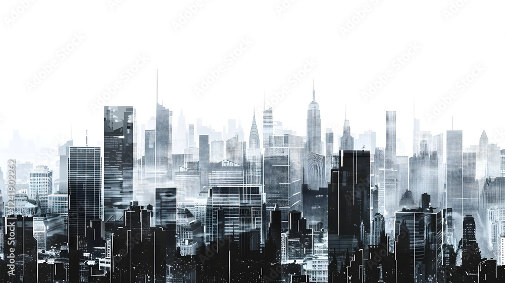 Fototapeta premium Monochromatic Urban Skyline Stencil: Architectural Structures and Patterns in Cityscape Silhouettes