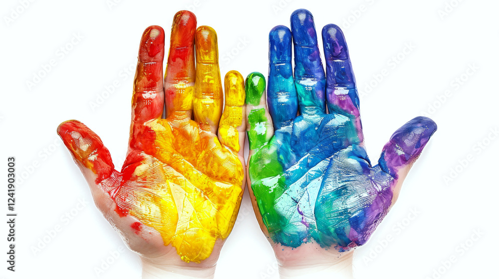 Two hands covered in rainbow-colored paint pressed together on a white background. Concept of creativity and art. For use in art projects.
