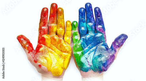 Obraz na płótnie Two hands covered in rainbow-colored paint pressed together on a white background. Concept of creativity and art. For use in art projects. w salonie