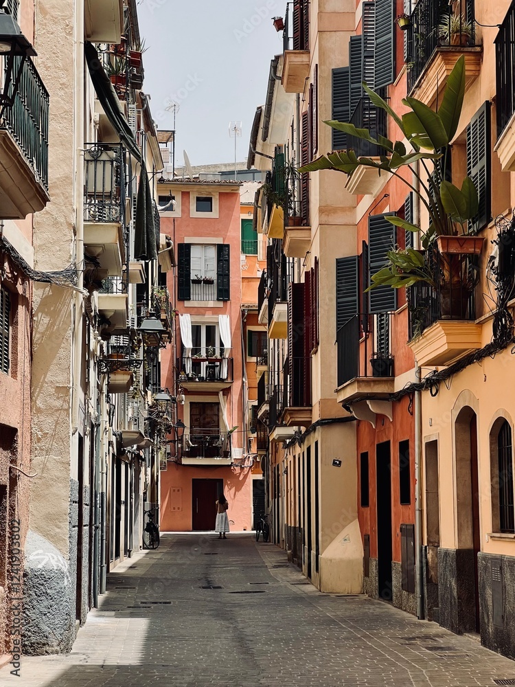 Fototapeta premium A quiet street in Palma de Mallorca, featuring charming balconies adorned with plants, evoking a calm summer atmosphere with empty streets and a relaxed vibe.