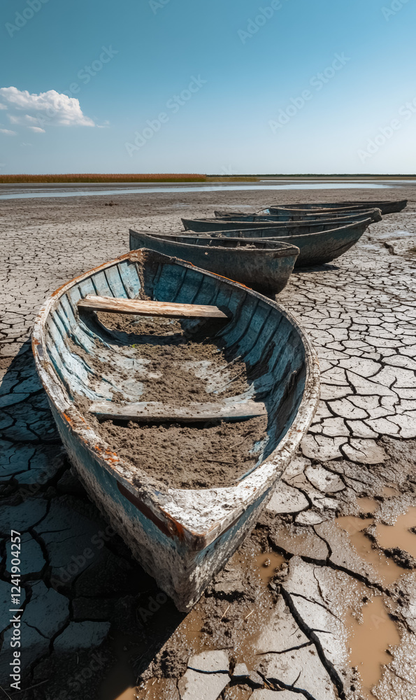 Abandoned wooden boats rest on cracked, dry earth in an arid landscape, showcasing the harsh conditions and lack of water in the area during drought Abandoned wooden boats rest on cracked, dry earth in an arid landscape, showcasing the harsh conditions and lack of water in the area during drought