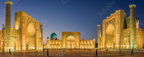 Panorama of the Registan by night,  Samarkand, Uzbekistan
