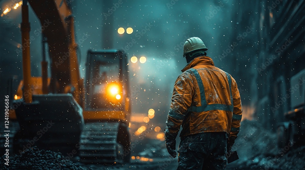 Worker in safety gear observing construction site with machinery amid foggy urban environment Worker in safety gear observing construction site with machinery amid foggy urban environment