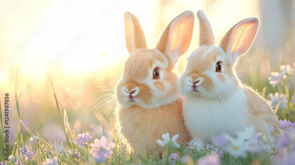 Two bunnies in a spring meadow at sunset Two bunnies in a spring meadow at sunset