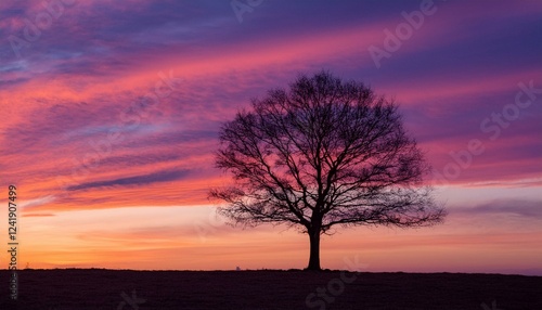 거대한 노을빛 하늘 아래, 구불구불한 나무 한 그루가 서 있는 실루엣