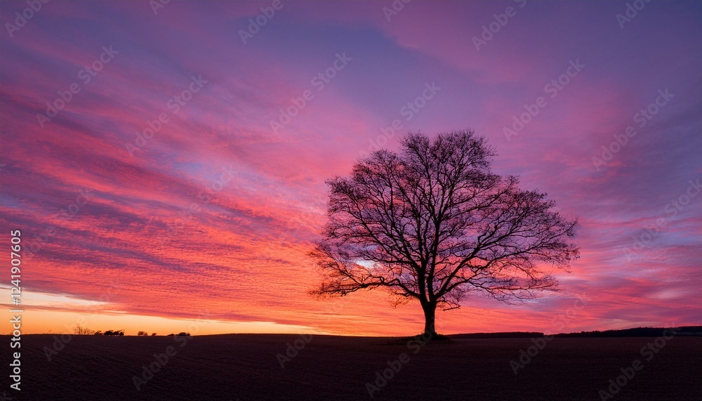 Fototapeta premium 거대한 노을빛 하늘 아래, 구불구불한 나무 한 그루가 서 있는 실루엣