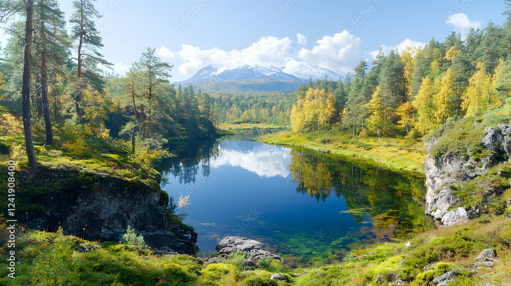 Autumn lake reflecting mountains, forest, calm nature scene Autumn lake reflecting mountains, forest, calm nature scene