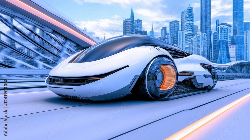 Obraz premium Futuristic Vehicle on High-Speed Track with City Skyline Background