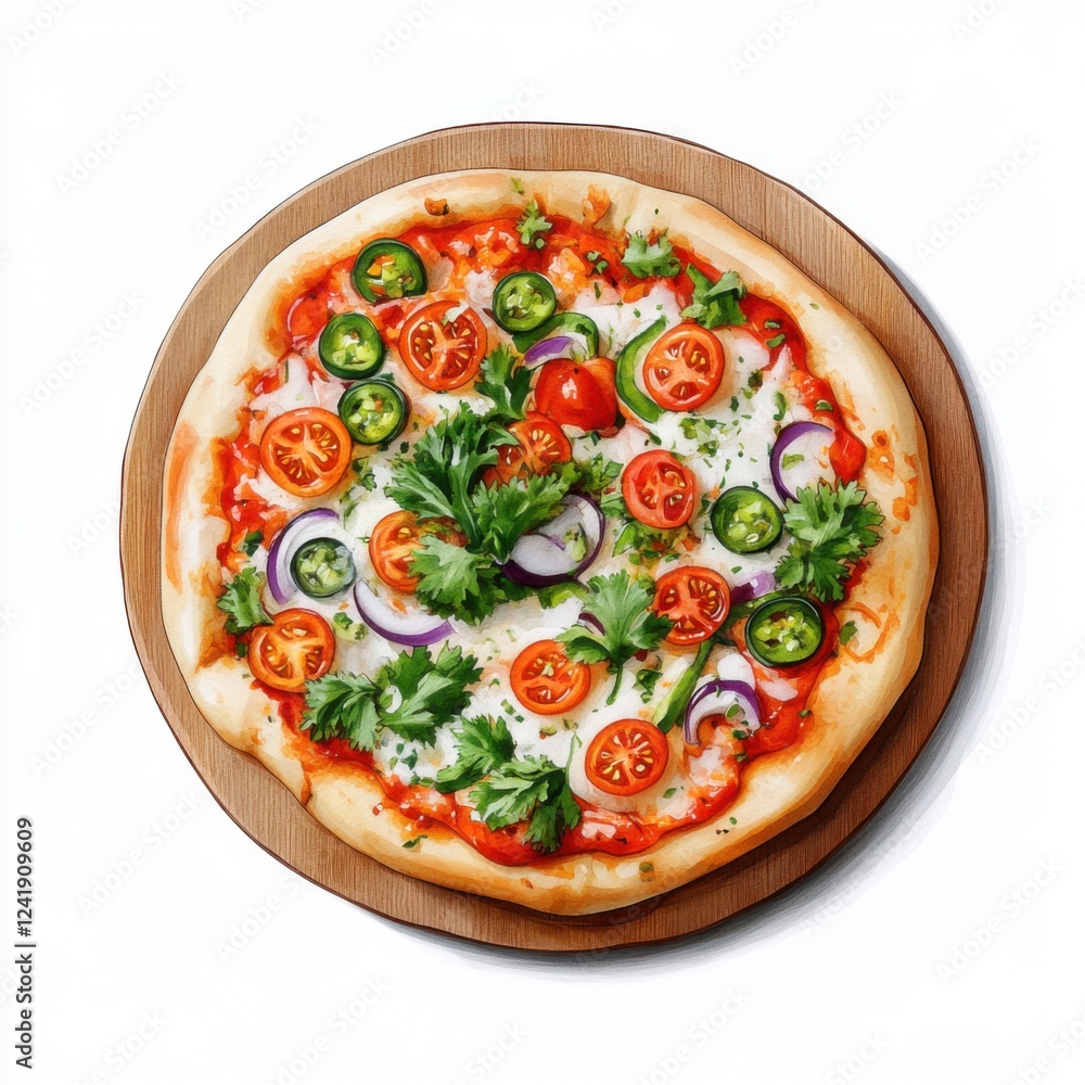 Freshly Baked Vegetable Pizza with Tomatoes, Peppers, and Herbs on Wooden Cutting Board Against White Background Freshly Baked Vegetable Pizza with Tomatoes, Peppers, and Herbs on Wooden Cutting Board Against White Background
