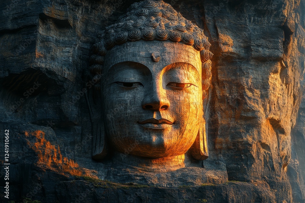 Giant Buddha cliff face sunset China serenity Giant Buddha cliff face sunset China serenity