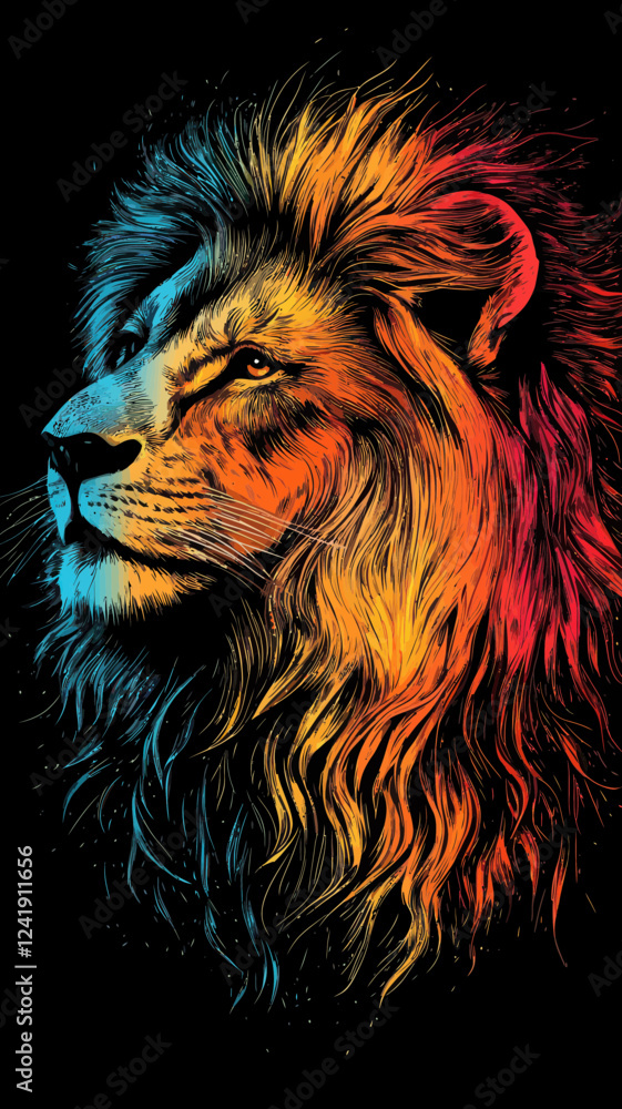Fototapeta premium Vibrant Multicolor Lion Illustration for T-Shirt Design - Wildlife Art Vector