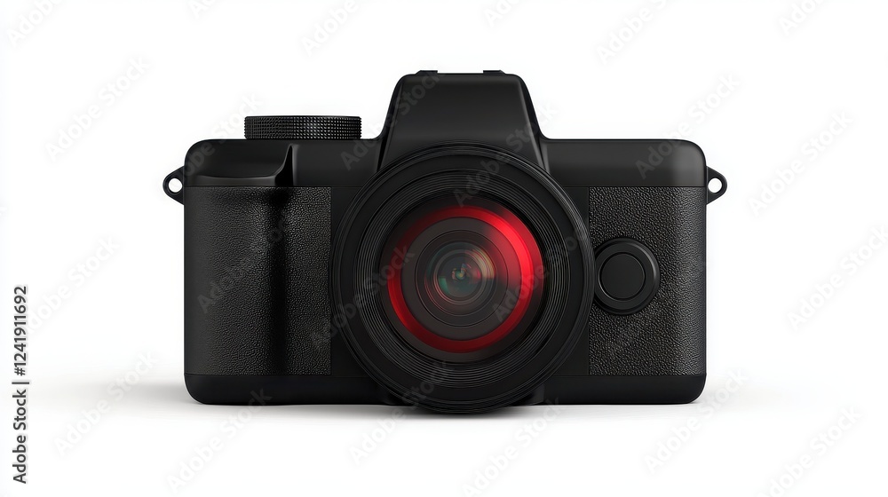 A sleek black camera with intricate detailing and a striking red lens, designed for photography enthusiasts and professionals. A sleek black camera with intricate detailing and a striking red lens, designed for photography enthusiasts and professionals.
