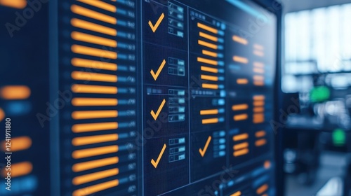 A digital display shows performance metrics with orange checkmarks, indicating successful processes in a tech environment.