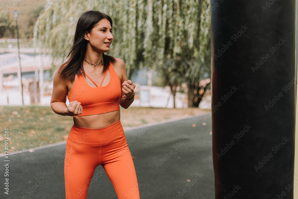 beautiful young woman works out on exercise equipment outside in the summer