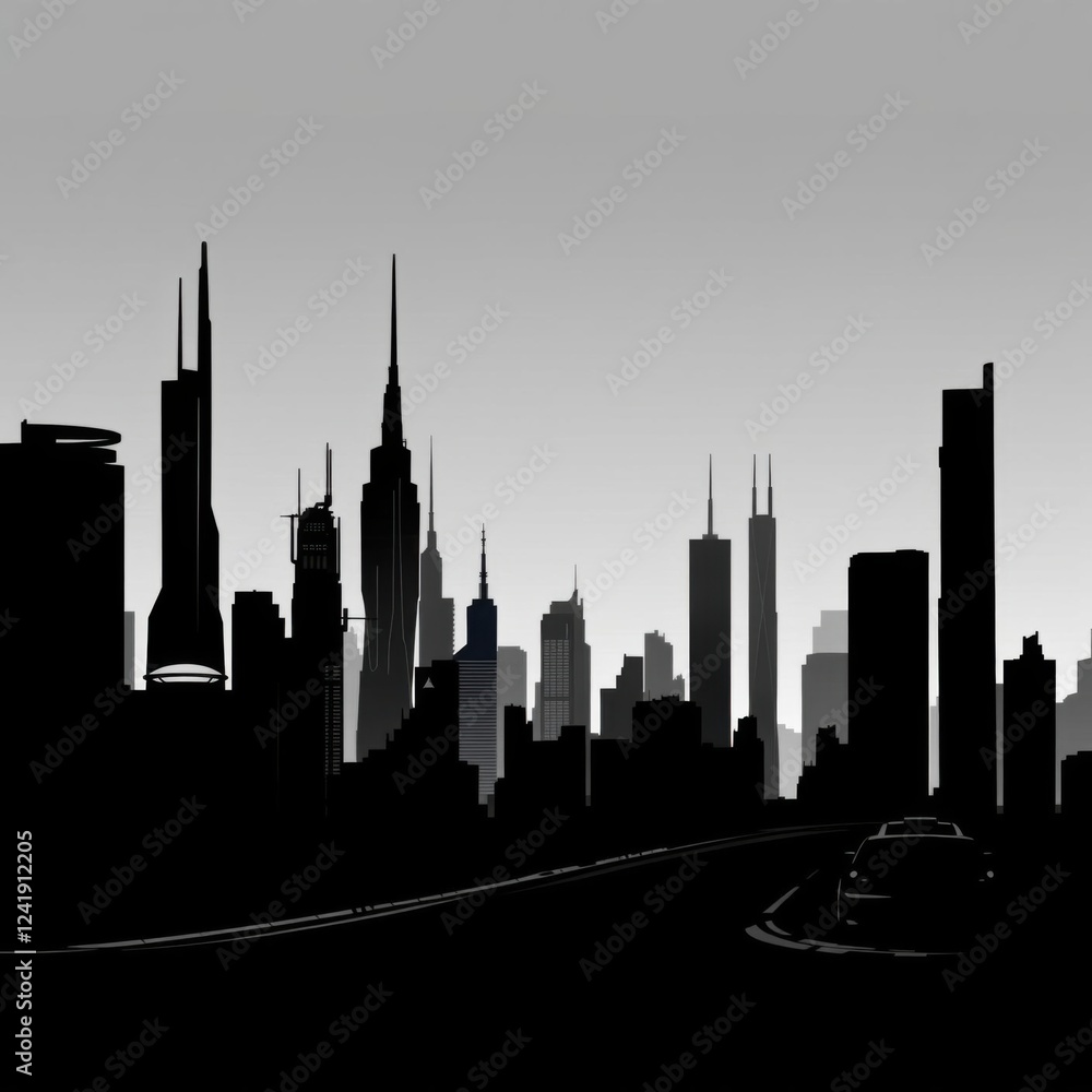 Naklejka premium Urban park offering stunning view of city skyline with modern buildings and vibrant greenery silhouetted skyline cityscape architecture illustration building city vector