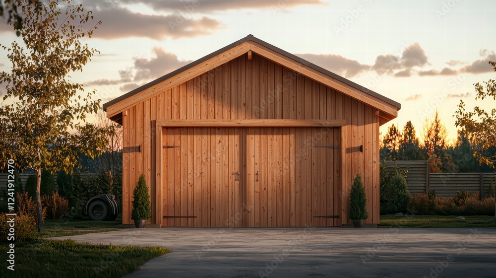 Wooden Garage at Sunset: The warm hues of the setting sun cast a golden glow over a rustic wooden garage, highlighting the craftsmanship and simple beauty of the structure. Wooden Garage at Sunset: The warm hues of the setting sun cast a golden glow over a rustic wooden garage, highlighting the craftsmanship and simple beauty of the structure.