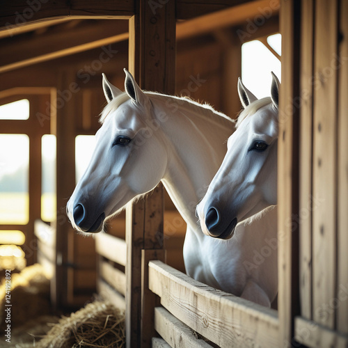 white horse in stable. beautiful white horse at the ranch. hippodrome preparing for the race. a magnificent animal in the sun. photo