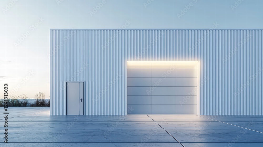 Obraz premium Modern Architectural Facade: Minimalist design of a large industrial building with a recessed entrance illuminated with warm light, a serene outdoor scene.