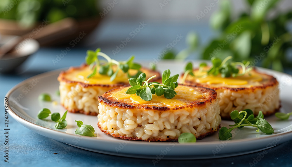 Plate of crispy cheese-topped rice cakes with fresh greens, rice cakes Plate of crispy cheese-topped rice cakes with fresh greens, rice cakes