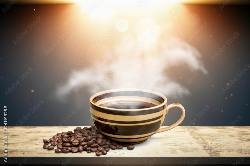Obraz premium Coffee cup and aroma beans on background,