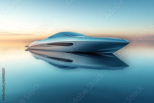 Hyperspeed boat with futuristic design floating on calm waters with minimalist aesthetic and smooth reflections

