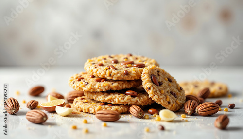 Stack of nutty cookies with almonds on a marble countertop, rice cakes