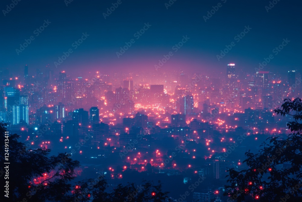 Fototapeta premium Glowing cityscape with neon lights under a starry sky