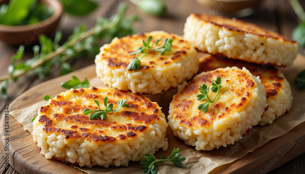 Grilled rice cakes on wooden board with fresh herbs, rice cakes Grilled rice cakes on wooden board with fresh herbs, rice cakes