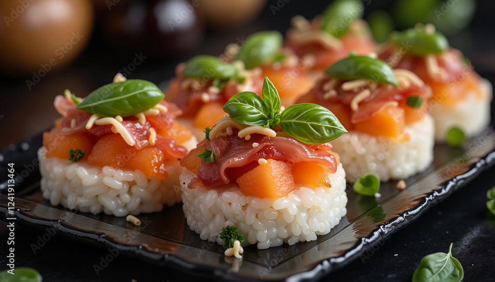 Sushi with fresh ingredients on a black plate Sushi with fresh ingredients on a black plate