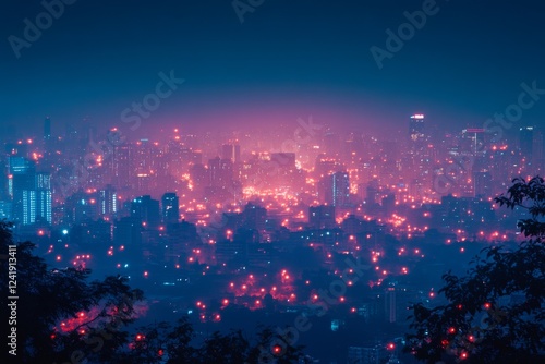 Glowing cityscape with neon lights under a starry sky