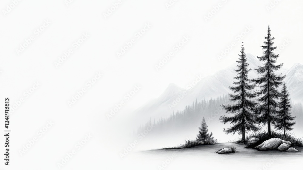 Fototapeta premium Serene Black and White Landscape with Pine Trees and Misty Mountains in the Background