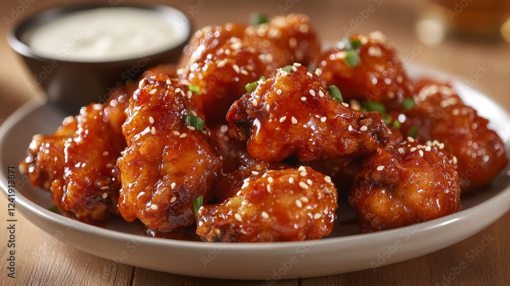 Delicious glazed chicken pieces with sesame seeds on a plate. Delicious glazed chicken pieces with sesame seeds on a plate.