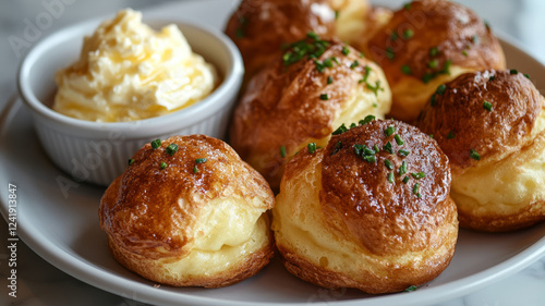 Plate of cream puffs with cream filling and chives.