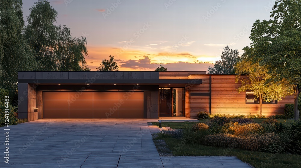 Fototapeta premium Sunset Modern Home: A stunning contemporary home with a warm, earthy facade is beautifully illuminated at sunset, showcasing its sleek design and inviting ambiance.