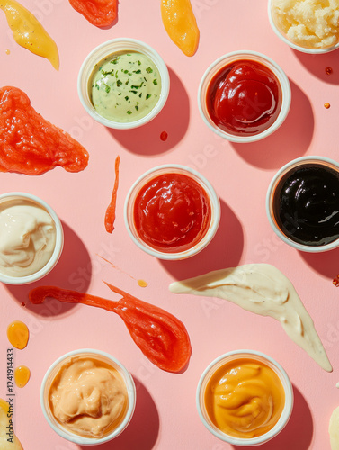 Assorted sauces in cups on a pink background. photo